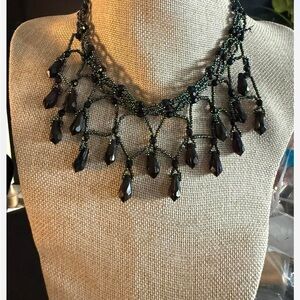 Goth Boho Black Beaded Fringe Choker Necklace